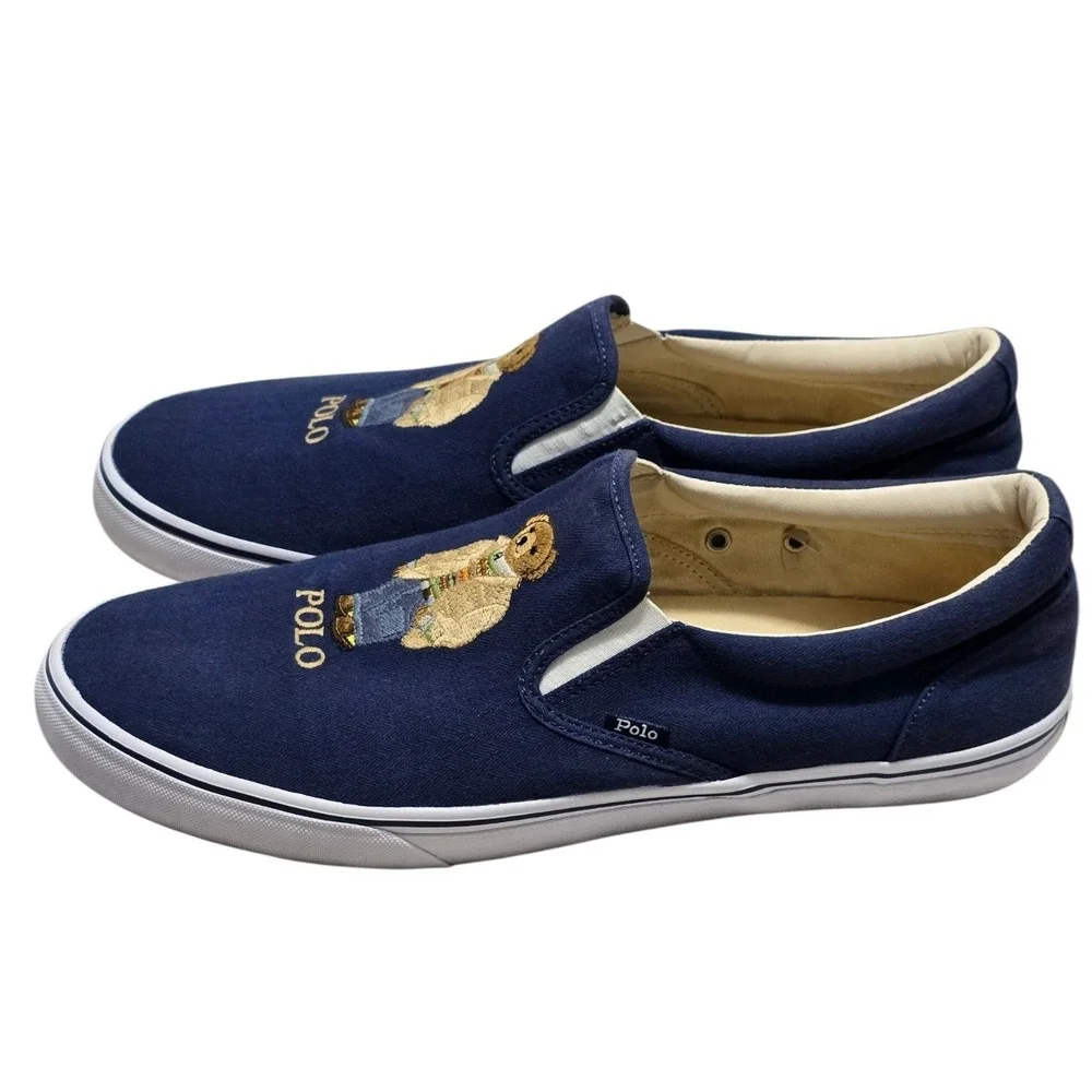 Polo Ralph Lauren Thompson Navy Herringbone Canvas Polo Bear Slip On Shoes 14D